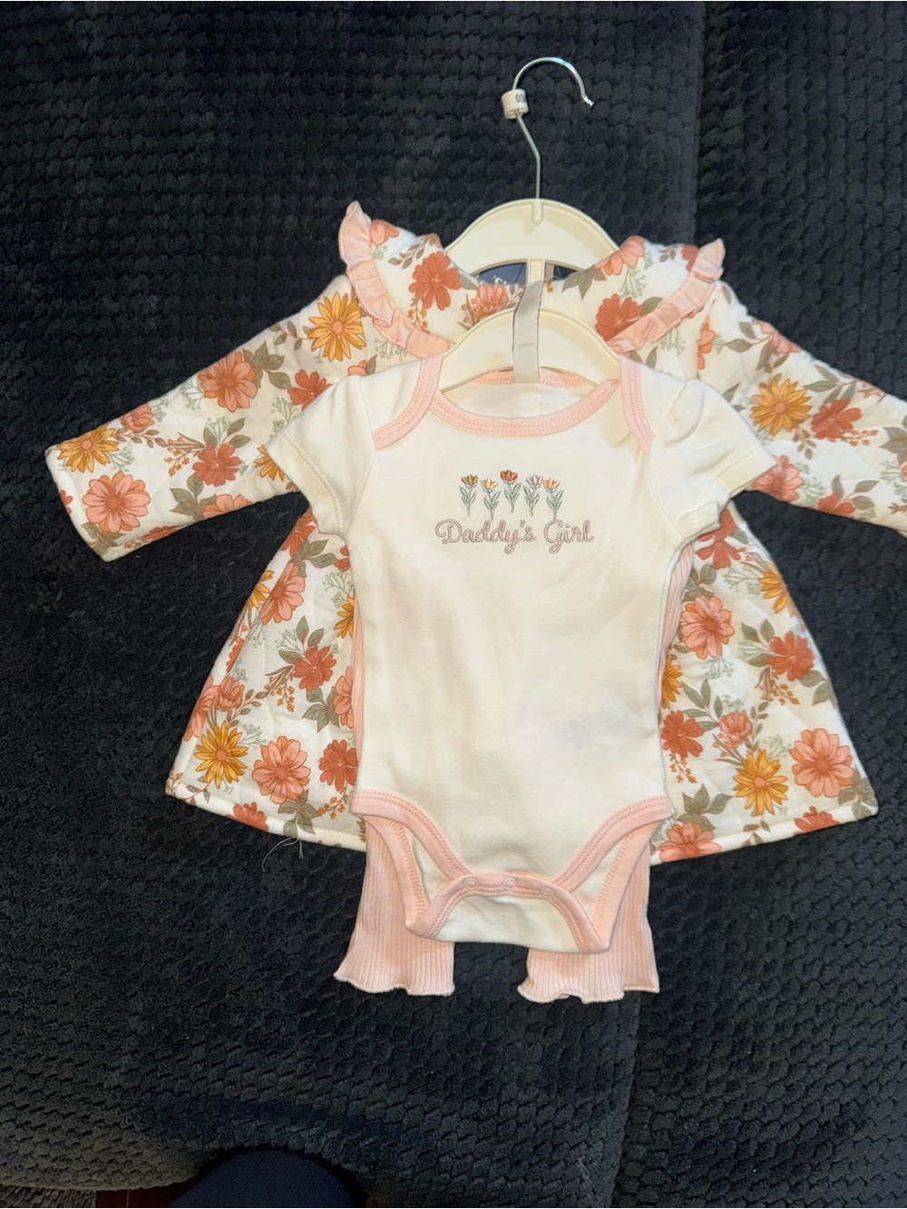 Baby Girl Floral Dress and Pink Trim Onesie Set - Peach & Cream
